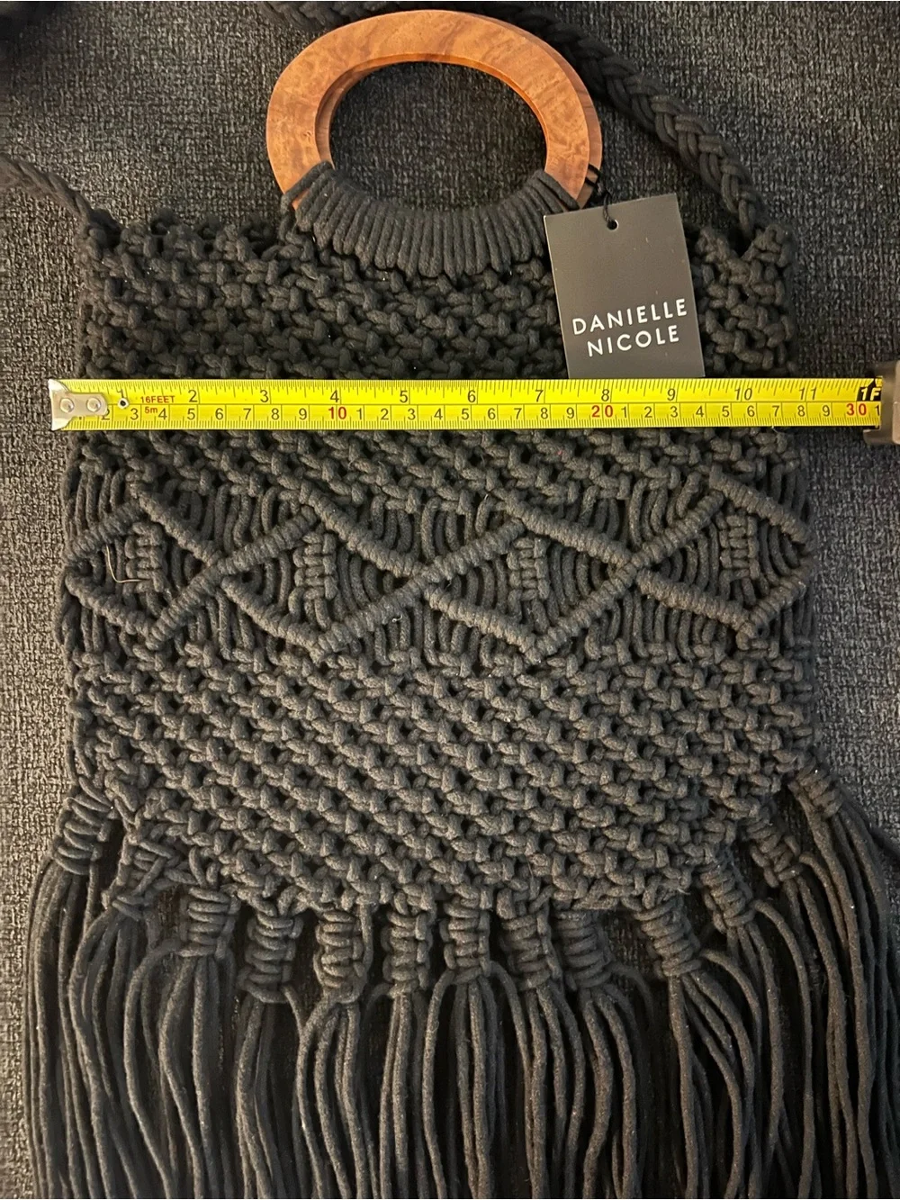 NWT Danielle Nicole Black Macramé Fringe Crochet Crossbody Bag with Wood Handle